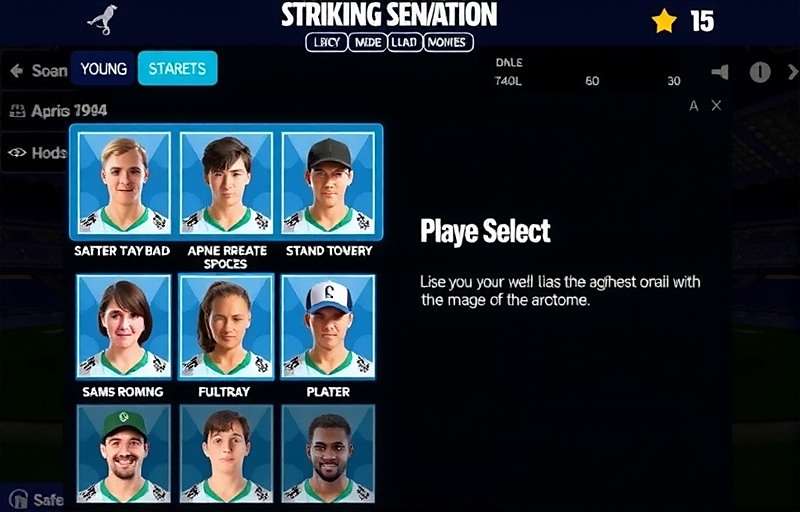Goa Young Striking Sensations gameplay screenshot showing player selection interface with various young athletes